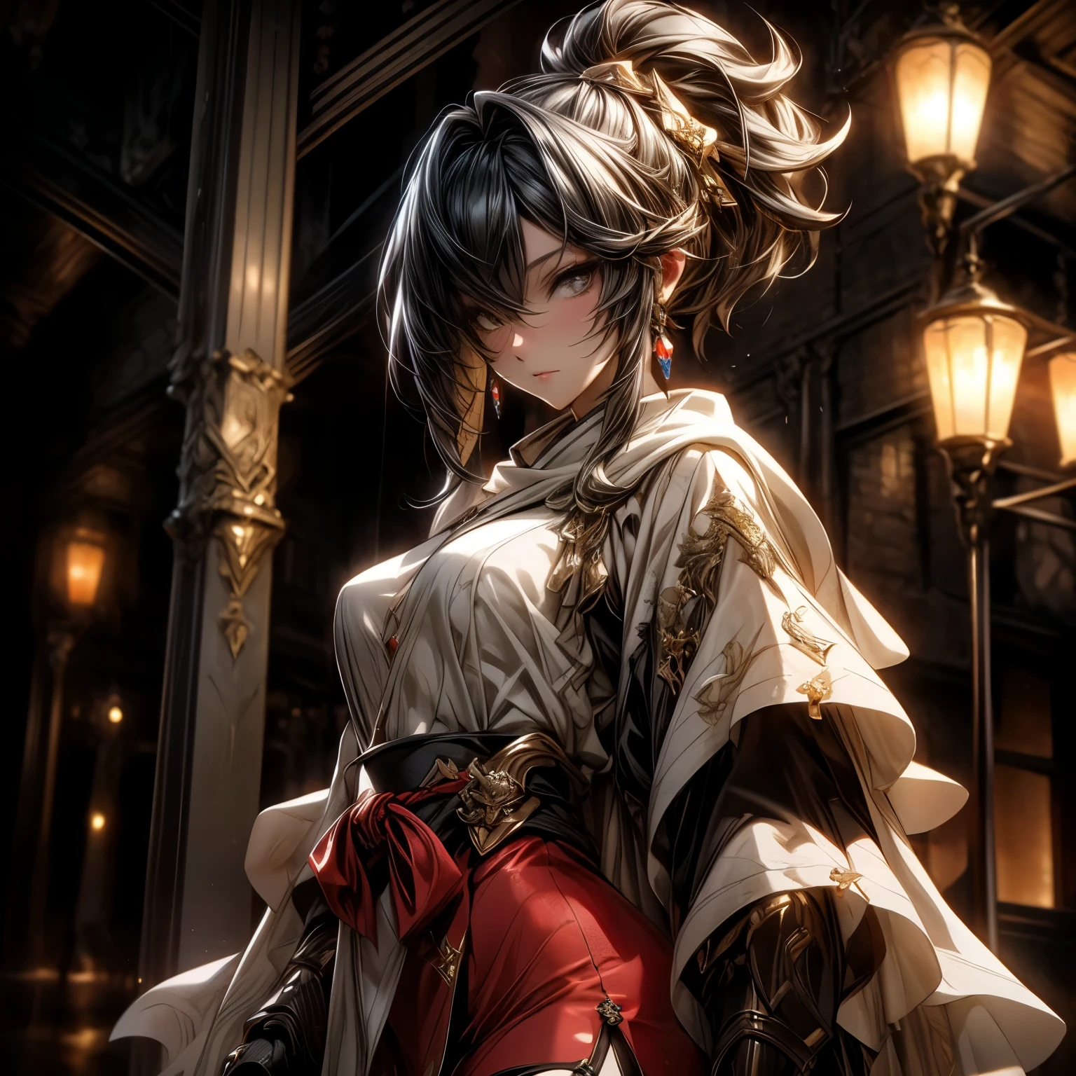 (best quality)), ((Masterpiece)), (details:1.4), 3d, HDR (high dynamic range), an image of a beautiful cyberpunk female, Cyberpunk, medieval, Black hair, High ponytail, Full body, Beautiful white eyes, จมูกโด่ง, ปากแดง, หน้าอกใหญ่, nvidia RTX, PBR surface, After processing, Anisotropic filtration,depth of field, Maximum clarity and clarity, multi-layered surface, Subsurface scattering, perfect proportions, 8K raw files, ultra detailed, Perfect proportions, volumetric lighting, soft lighting, Holy Paldin, Heavy Silver Armor, Golden dress, glossy skin, intricate Silver embroidery, Castle background, jewely, ต่างหู, นิ้วมือสมบูรณ์, mini Red skirt,