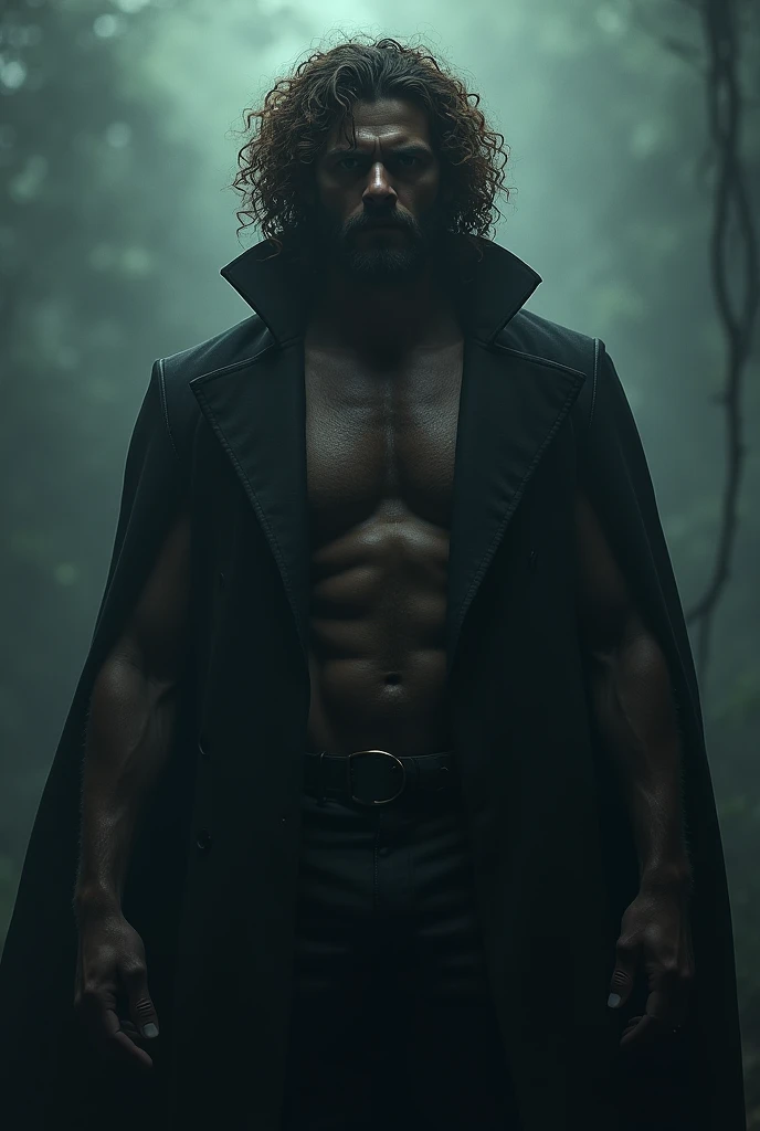 dark man, tall, strong, curly hair the color of coffee and hair like an abyss