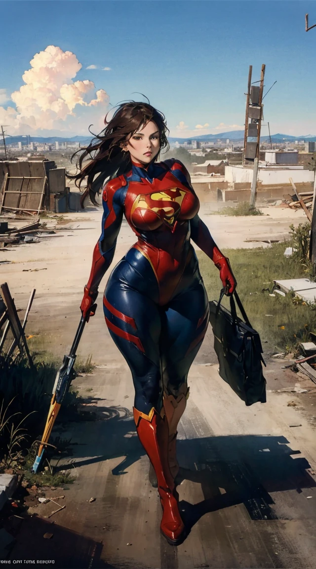 supergirl, pureerosface_v1, sticker of a girl from dc comic, full body, Kim Jung gi, , (gigantic breasts breasts 2.1),soul, digital illustration, comic style, cyberpunk, perfect anatomy, centered, approaching perfection, dynamic, highly detailed, watercolor painting, artstation, concept art, smooth, sharp focus, illustration, art by Carne Griffiths and Wadim Kashin ,, (masterpiece, best quality, ultra-detailed, best shadow),, In the style of Neon Genesis Evangelion, you find yourself standing on a desolate, post - apocalyptic wasteland, as the distant ruins of a massive city loom on the horizon. The sky is filled with ominous clouds, as a massive creature towers in the distance, huge breast, gigantic , titsnipples, curvy, thicc