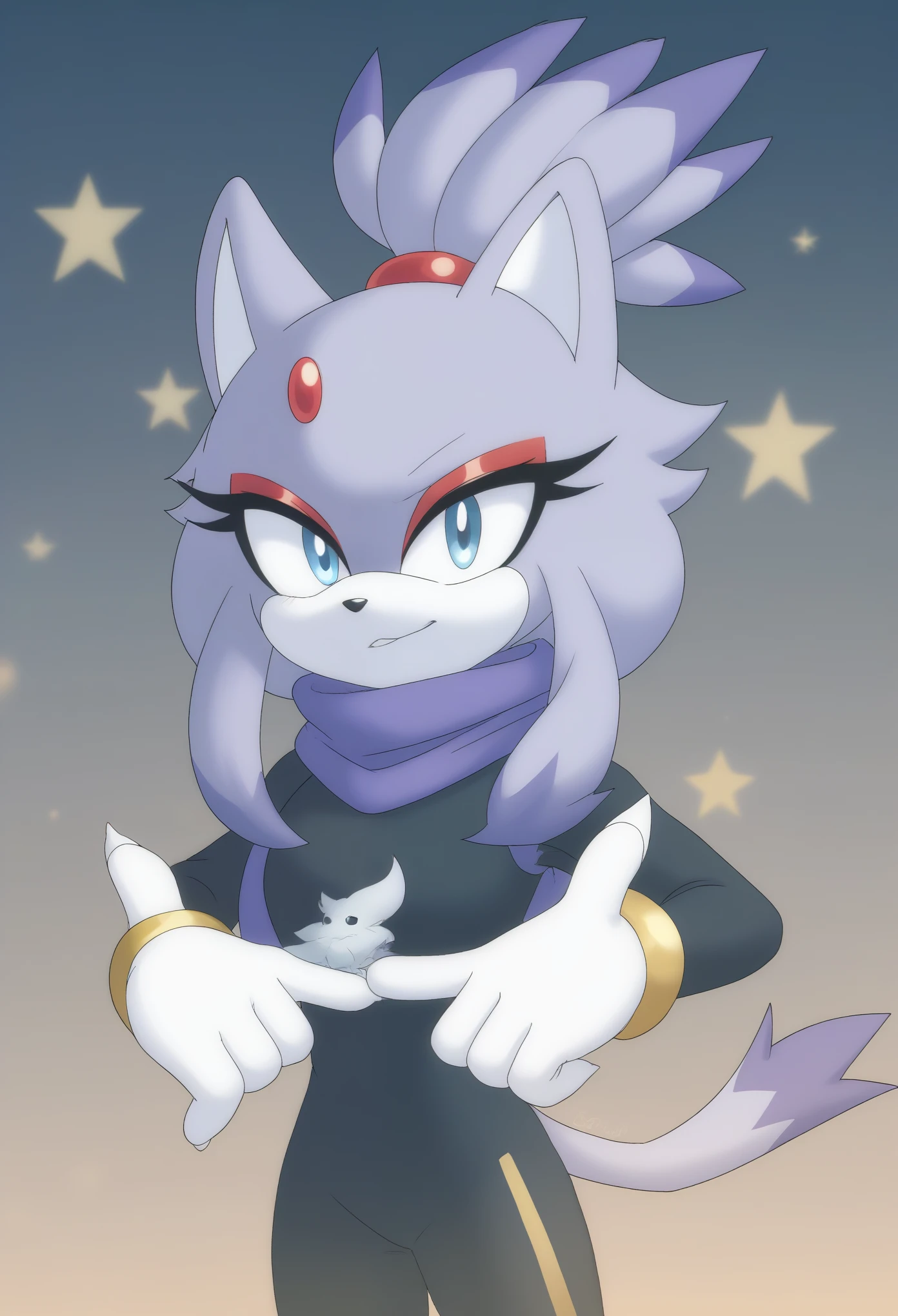 (1girl), (solo), Female cat, black fur, similar to Blaze the cat, light blue highlights in hair tips, hair down, one large hair bang, light blue eyes, medium bust, black jumpsuit, black vest-like top with light blue trims, long black sleeves, scarf-like turtleneck, black yoga pants, white gloves, gold cuffs around wrists, makeup, red eyeshadow, eyelashes, daytime, mobian, mobius city, blank expression