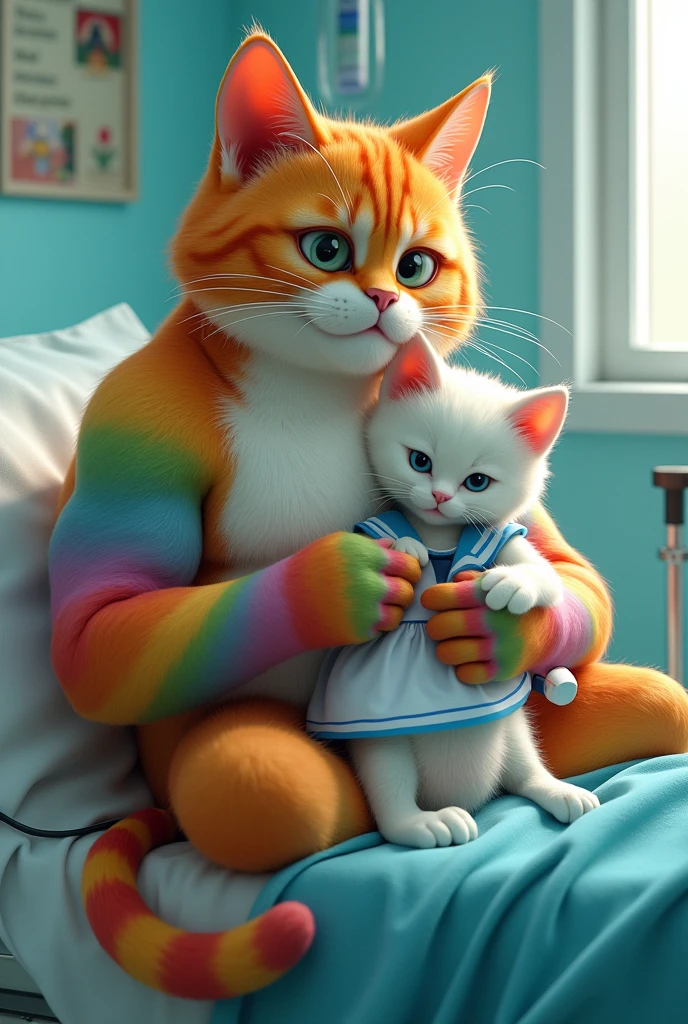 hospital bed me ek hath me drip chad rhi ek muscular rainbow cat lets h or uski god me ek white kitten jisne school dress pehni h bethi h or muscular cat use dekh k muscura rha h seen ek hospital ka h jha white kitten k face udas h or muscular rainbow cat muscura rha h