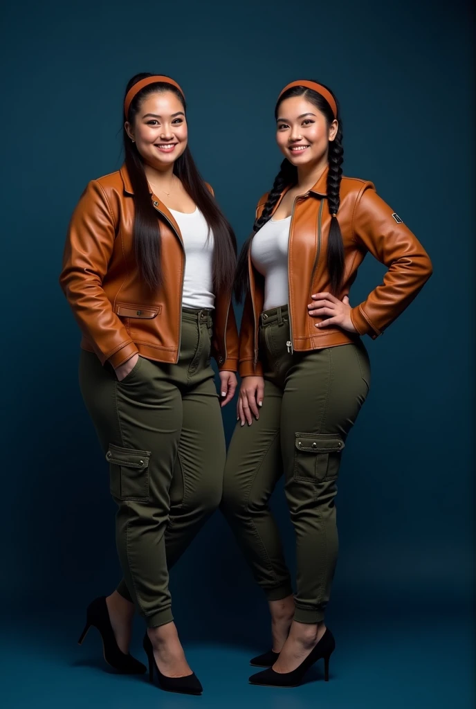 Create a two full body beautiful Thai women smiling wearing a brown leather jacket and brown cargo pants with brown headband and black beautiful shoes, black long hair braids posting a dark blue background, looking at the camera. Photography. (Slightly chubby)