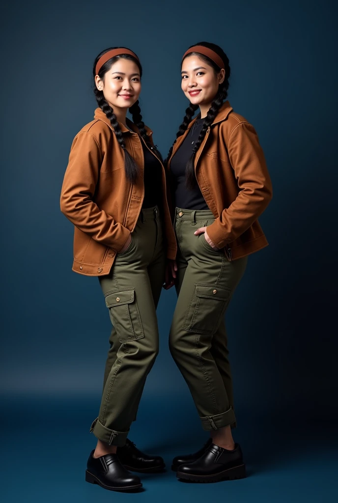 Create a two full body beautiful Thai women smiling wearing a brown leather jacket and brown cargo pants with brown headband and black beautiful shoes, black long hair braids posting a dark blue background, looking at the camera. Photography. (Slightly chubby)