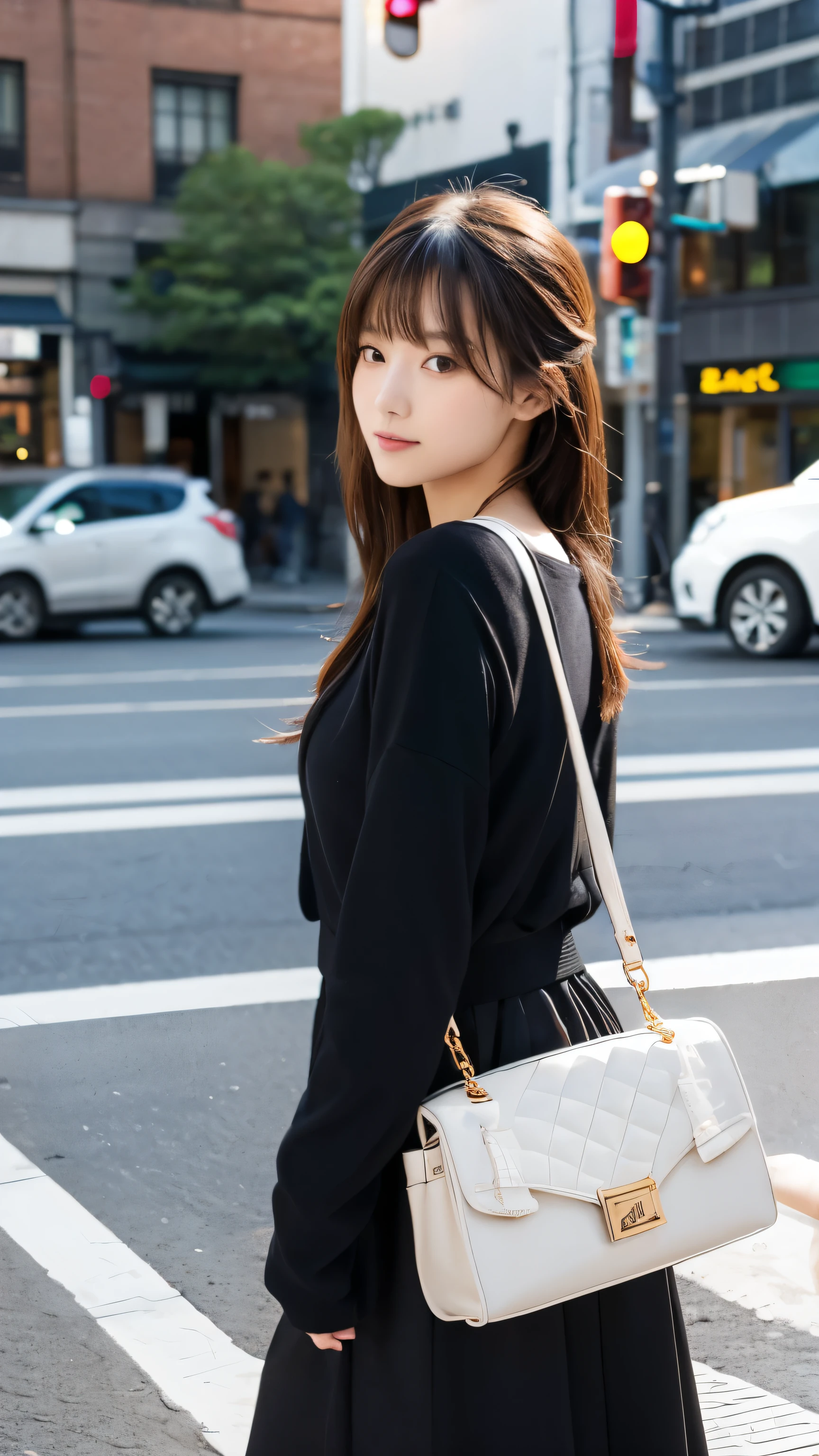 "A beautiful Japanese girl doing a modeling shoot in the city."