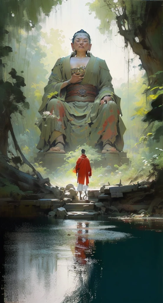painting of a man in a red robe standing in front of a large buddha statue, by Han Gan, by Bayard Wu, by Li Zai, guweiz masterpiece, makoto shinkai and tom bagshaw, the buddha, by Raymond Han, traditional japanese concept art, by Yang J, buddhism, by Ma Shi, by Pu Hua, by Ruan Jia
