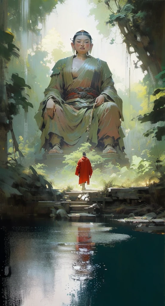 painting of a man in a red robe standing in front of a large buddha statue, by Han Gan, by Bayard Wu, by Li Zai, guweiz masterpiece, makoto shinkai and tom bagshaw, the buddha, by Raymond Han, traditional japanese concept art, by Yang J, buddhism, by Ma Shi, by Pu Hua, by Ruan Jia