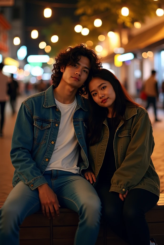 Photography of a 20 year old Asian guy with long curly hair wearing a jeans jacket, white t-shirt, jeans, boots, sitting with a 20 year old Asian woman with a slightly fat body wearing a jacket in the town square of Yogyakarta. Night atmosphere
