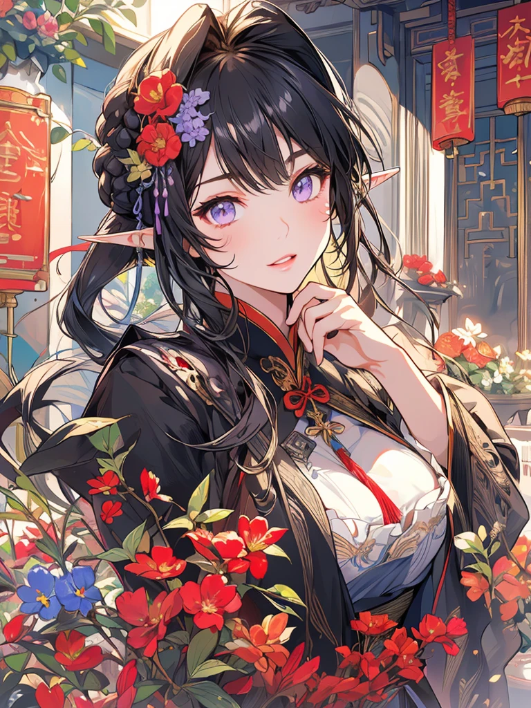masterpiece, best quality, 1girl, ultra detailed, ultra highres, well-definded facial features, anatomically correct, cute girl, long pointy ears, elf, nice face,black hair, puple eyes,China dress, street, folding huge boquet, garden,
