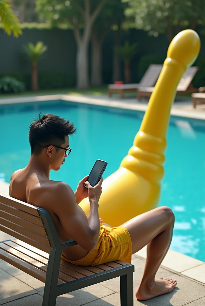 A handsome young Indonesian man wearing glasses, neat short hair, a muscular, sturdy body, not wearing a shirt, wearing yellow shorts, a picture of a large, protruding Spongebob penis sitting relaxed on a bench, with his back to the swimming pool, while playing on his cellphone. 