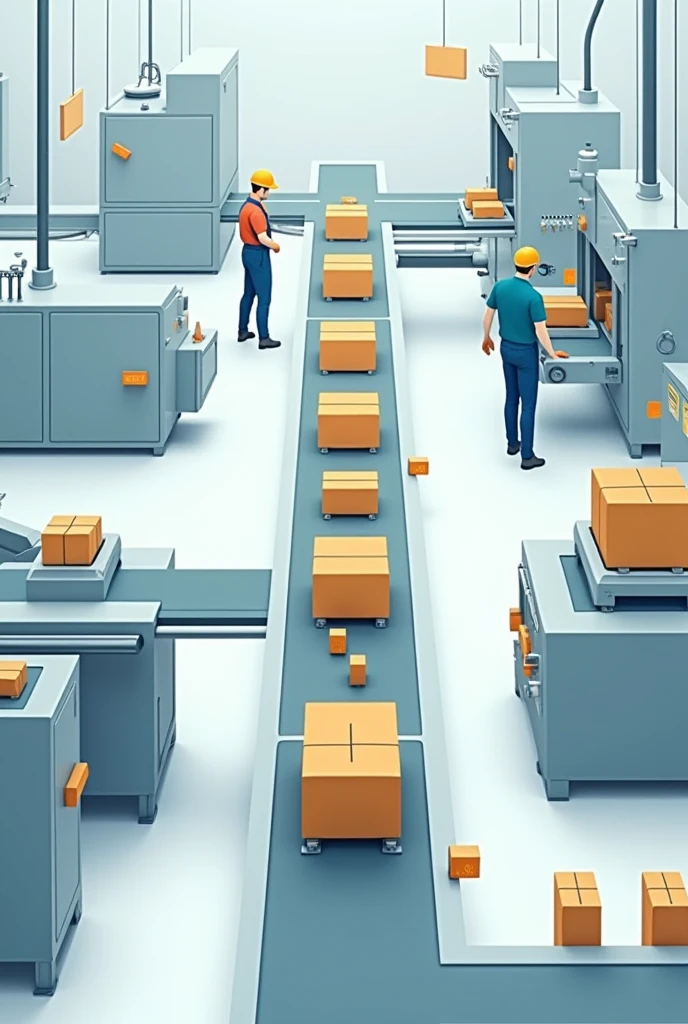 Create an animated image about a 2D production line, to be more specific in the production chain 2d format that the image is frontal