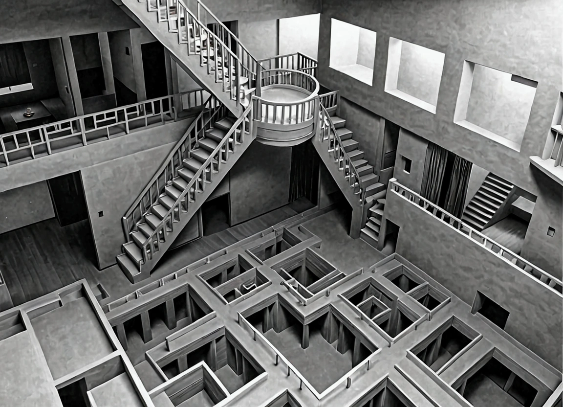 Infinitely large extra-dimensional space in a non-symmetrical MC Escher labyrinth style. It consists of several living rooms, various corridors, various endless halls and many stairs in a Japanese style. There is no ceiling. It has a distorted sense of gravity, allowing the rooms to be upside down or perpendicular to the stairs. Its physics is distorted. Its structure and random layout. [Japanese style] [para-dimensional] [Infinity forteresses] [MC Esher Labyrinth]