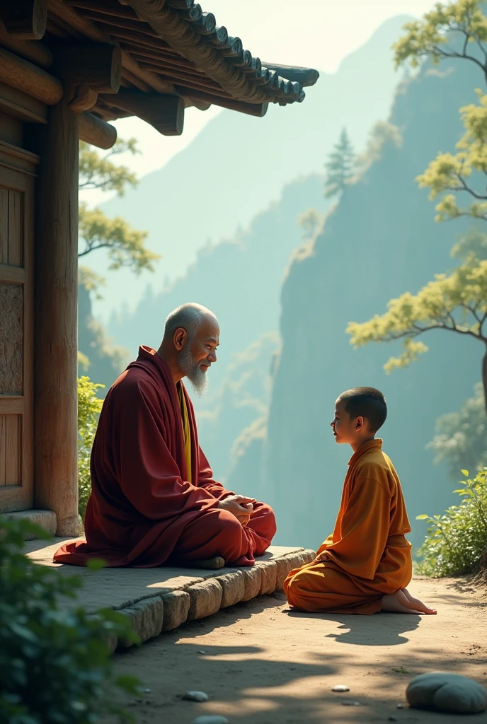 wise, serene Buddhist master sitting on a wooden platform, with a young monk kneeling in front of him, listening confidently as the master gives a challenge with a smile.