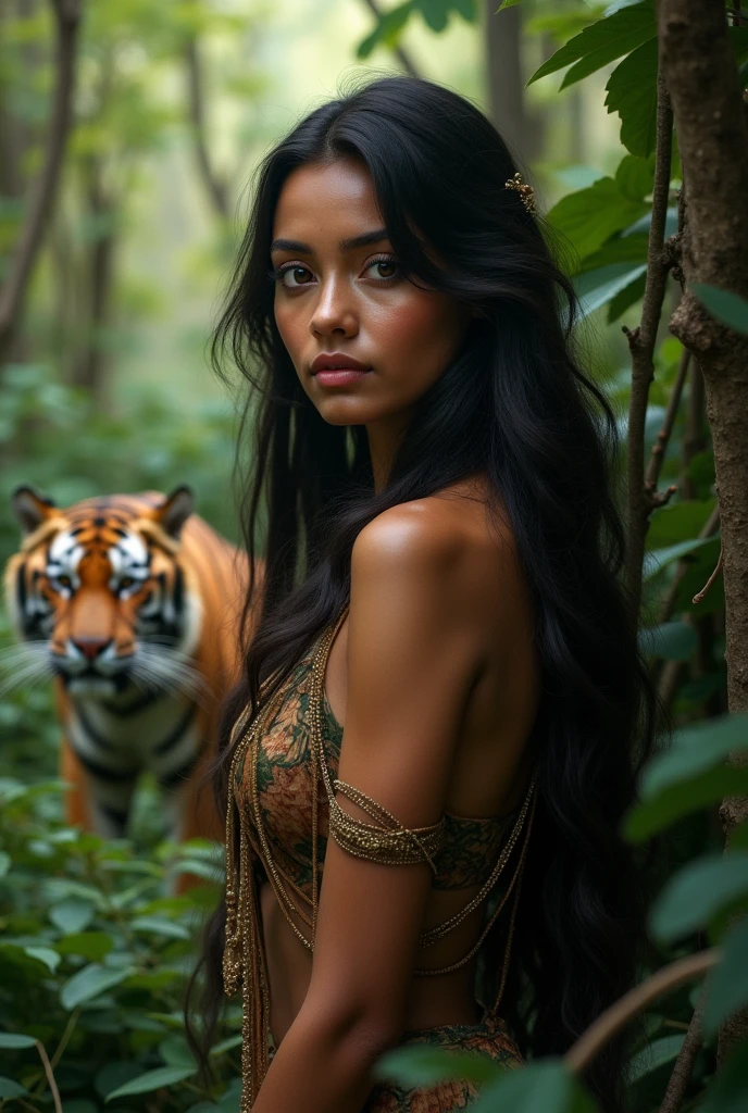 Portrait of A confident-looking indian princess with long flowing hair, skin not very dusky,hazel eyes, wearing a jungle dress, posing for camera, jungle background,a tiger seen behind her in the bushes about to attack her, bokeh, perfect composition, happy, hyperrealistic, super detailed, 8k, high quality, trending art, trending on artstation, sharp focus, studio photo, intricate details, highly detailed
