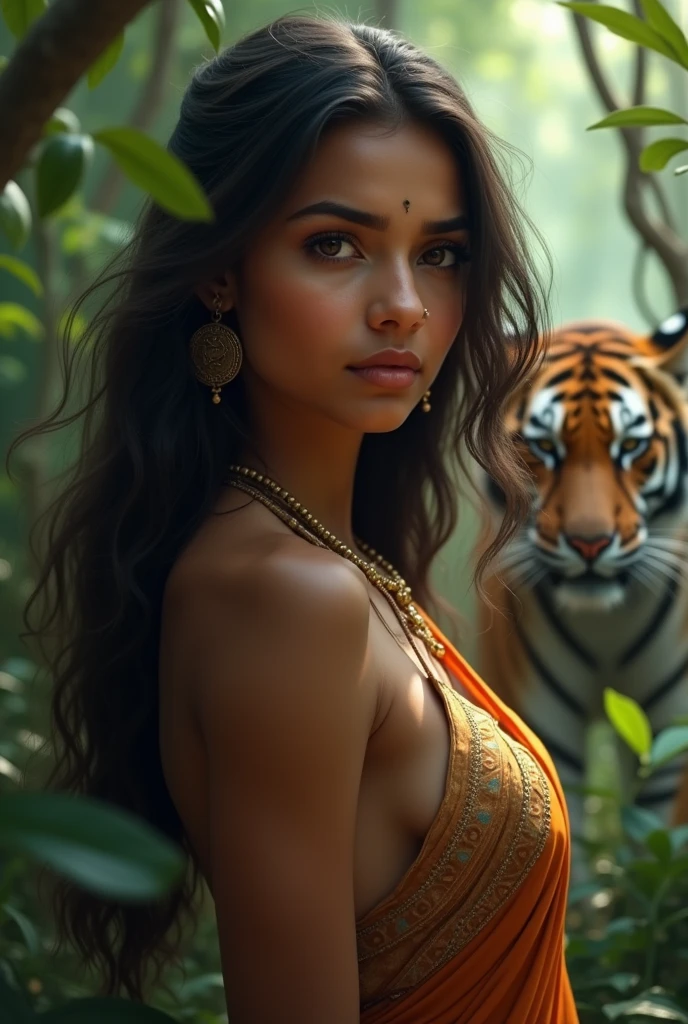 Portrait of A confident-looking indian princess with long flowing hair, skin not very dusky,hazel eyes, wearing a jungle dress, posing for camera, jungle background,a tiger seen behind her in the bushes about to attack her, bokeh, perfect composition, happy, hyperrealistic, super detailed, 8k, high quality, trending art, trending on artstation, sharp focus, studio photo, intricate details, highly detailed
