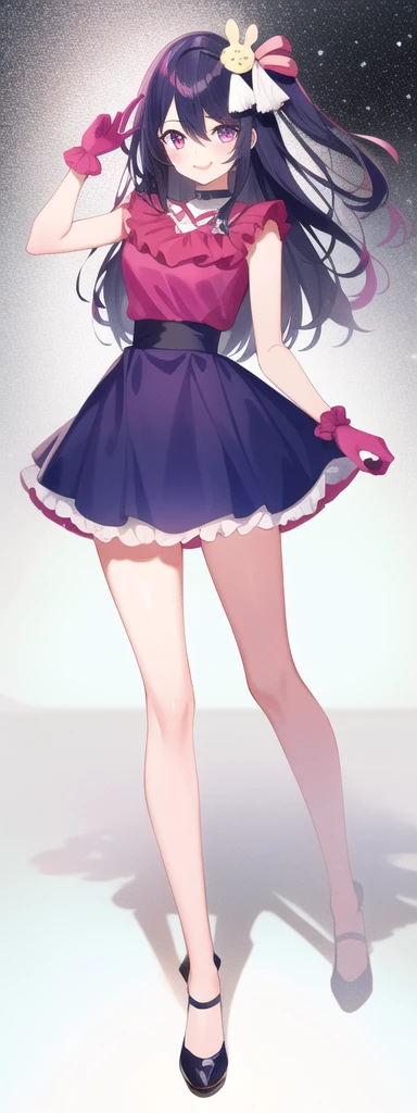 1girl, full body,
, illustration, (masterpiece), (best quality), (ultra_detailed), finely detail,
HshinoAi,gloves, tongue out, tongue, long hair, star \(symbol\), looking at viewer, (purple hair:1.2), purple eyes, hair ornament, frills, pink shirt, smile, sleeveless, shirt, idol, symbol-shaped pupils, hands up, bangs, one side up, star-shaped  white background,
Full body, head to toe standing, entire body, view from afar, head to toe, head to toe, full body, full body, full body photo, perfect hand, perfect hand