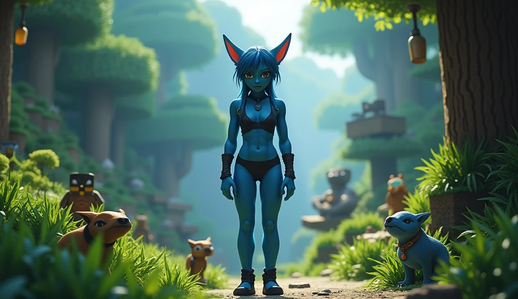 score_9, score_6_up, source_anime, [source_anthro], rating_safe, [rating_explicit],

full body portrait, body focus, front view, best quality, (wide shot), highly detailed face, perfect lighting,   

1girl, solo, adult, Naavi, athletic, blue skin, blue body, pointy ears, calm face, (stand near tree), slit pupils, 

(minecraft animals, minecraft mobs, minecraft NPC), minecraft detailed world background,
detailed background, detailed foreground, depth of field, ambient silhouette, backlighting