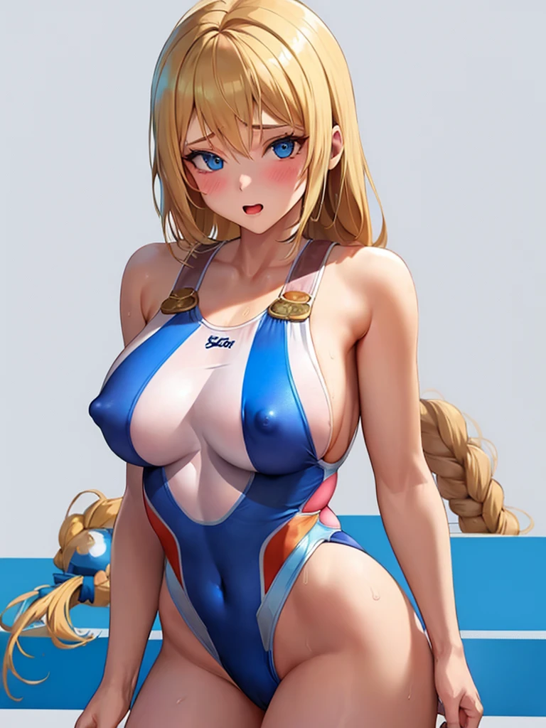  (White background, 1girl:1.4), BREAK,Long blonde hair, blue eyes,Narrow waist,voluptuous Breasts,(one-piece competitive swimwear,one-piece competition swimsuit:1.6), blush,Open your mouth,(covered nipples:1.2)