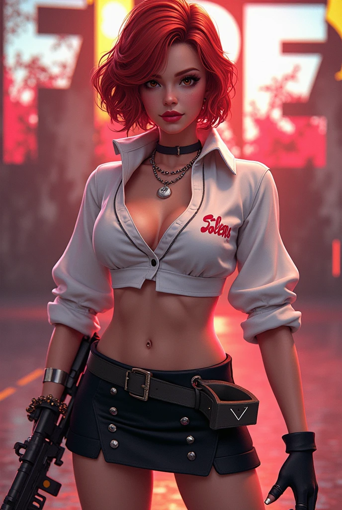 Freefire game style character all stylish, of skin jambo, short medium copper red hair, dark brown eyes, wearing red lipstick, wearing a short white low-cut blouse with the name SOLENE and a black skirt, high white shoes, holding an mp5 and making a very beautiful pose, with colored background and the name of the game FREEFIRE behind.