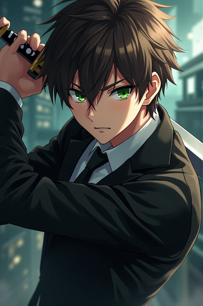 Anime One with green eyes messy straight hair in a black suit with a sword in his hand