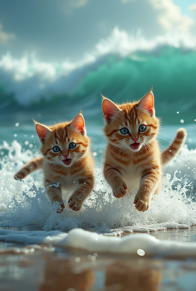 
Hearingkitten Leo's cries,  their mama 
Bella turned to see kitten 
Lily being pulled further into the sea. Without a moment's hesitation, she and Leo raced toward the water, their hearts pounding with dread. Bella called out to Lily, her voice breaking with fear, while Leo sobbed, his eyes fixed on his sister.