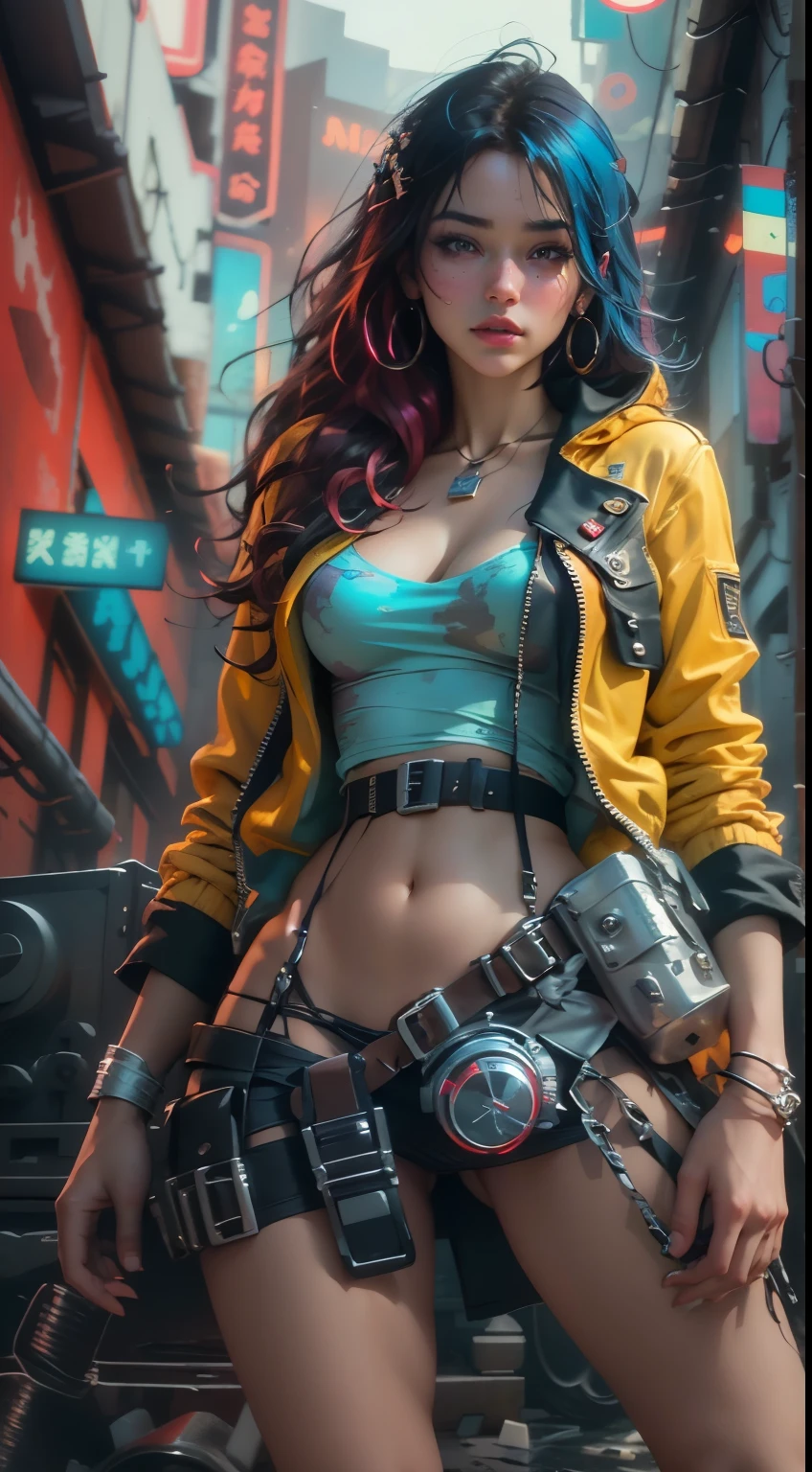 unreal engine:1.4,Ultra-realistic CG K, photorealestic:1.4, Skin texture:1.4, ​masterpiece:1.4,posing behind beautiful woman with babydoll lingerie、Short yellow clothes in cyberpunk style, PANTIMEDIA red , blue miniskirt,
