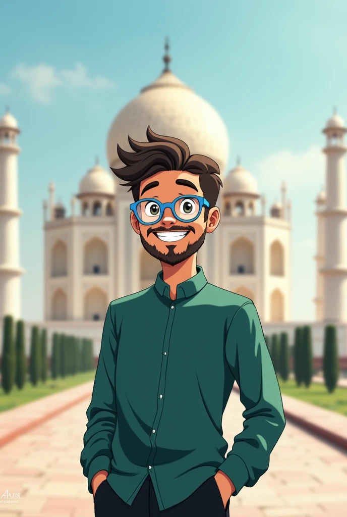 Muslim anime boy with beard and moustache transparent blue glasses and fully smile with black pant and bottle green full shirt background in Taj Mahal