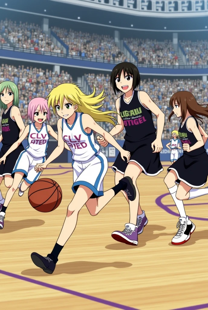 Fairy Tail organizes a 3x3 basketball game.
Here are the teams: CLV and FTM.
CLV team members: Erza Scarlett, Lucy Heartfilia, Kanna Alperona and Levy McGarden.
FTM team members: Wendy Marvel, Juvia Lockser, Mirajane Strauss and Lisana Strauss.
CLV team members wear white jerseys:
Erza Scarlett: White CLV jersey #2 white, red basketball shoes. Long scarlet hair and brown eyes. She is of average height.
Lucy Heartfilia: CLV jersey no. 7 white, black basketball shoes. Long blond hair and brown eyes. She is short.
Kanna Alperona: White CLV jersey no. 4 white, orange basketball shoes. Long dark-brown hair and brown eyes. She's the tallest in the tournament.
Levy McGarden: CLV jersey n°6 white purple basketball shoes. Mid-length blue hair tied back with an orange headband and brown eyes. She is short.
FTM team members wear black jerseys:
Wendy Marvel: FTM jersey no. 11 black, black, red and white basketball shoes. Long dark blue-purple hair and brown eyes. She's the shortest in the tournament.
Juvia Lockser: FTM jersey no. 8 black, purple basketball shoes. Long sky-blue hair and blue eyes. She is of average height.
Mirajane Strauss: FTM jersey no. 10 black, yellow basketball shoes. Long white hair and blue eyes. She is tall.
Lisana Strauss: FTM jersey n°00 black, white basketball shoes. Short white hair and blue eyes. She is short.
The tournament takes place in a gymnasium. They play a real 3x3 game. The ball is in the hands of Lucy Heartfilia.
Lucy Heartfilia dribbles towards the basket, Wendy Marvel defend with a defense position on her.