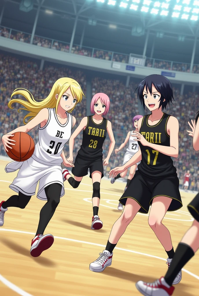 Fairy Tail organizes a 3x3 basketball game.
Here are the teams: CLV and FTM.
CLV team members: Erza Scarlett, Lucy Heartfilia, Kanna Alperona and Levy McGarden.
FTM team members: Wendy Marvel, Juvia Lockser, Mirajane Strauss and Lisana Strauss.
CLV team members wear white jerseys:
Erza Scarlett: White CLV jersey #2 white, red basketball shoes. Long scarlet hair and brown eyes. She is of average height.
Lucy Heartfilia: CLV jersey no. 7 white, black basketball shoes. Long blond hair and brown eyes. She is short.
Kanna Alperona: White CLV jersey no. 4 white, orange basketball shoes. Long dark-brown hair and brown eyes. She's the tallest in the tournament.
Levy McGarden: CLV jersey n°6 white purple basketball shoes. Mid-length blue hair tied back with an orange headband and brown eyes. She is short.
FTM team members wear black jerseys:
Wendy Marvel: FTM jersey no. 11 black, black, red and white basketball shoes. Long dark blue-purple hair and brown eyes. She's the shortest in the tournament.
Juvia Lockser: FTM jersey no. 8 black, purple basketball shoes. Long sky-blue hair and blue eyes. She is of average height.
Mirajane Strauss: FTM jersey no. 10 black, yellow basketball shoes. Long white hair and blue eyes. She is tall.
Lisana Strauss: FTM jersey n°00 black, white basketball shoes. Short white hair and blue eyes. She is short.
The tournament takes place in a gymnasium. They play a real 3x3 game. The ball is in the hands of Lucy Heartfilia.
Lucy Heartfilia dribbles towards the basket, Wendy Marvel defend with a defense position on her.