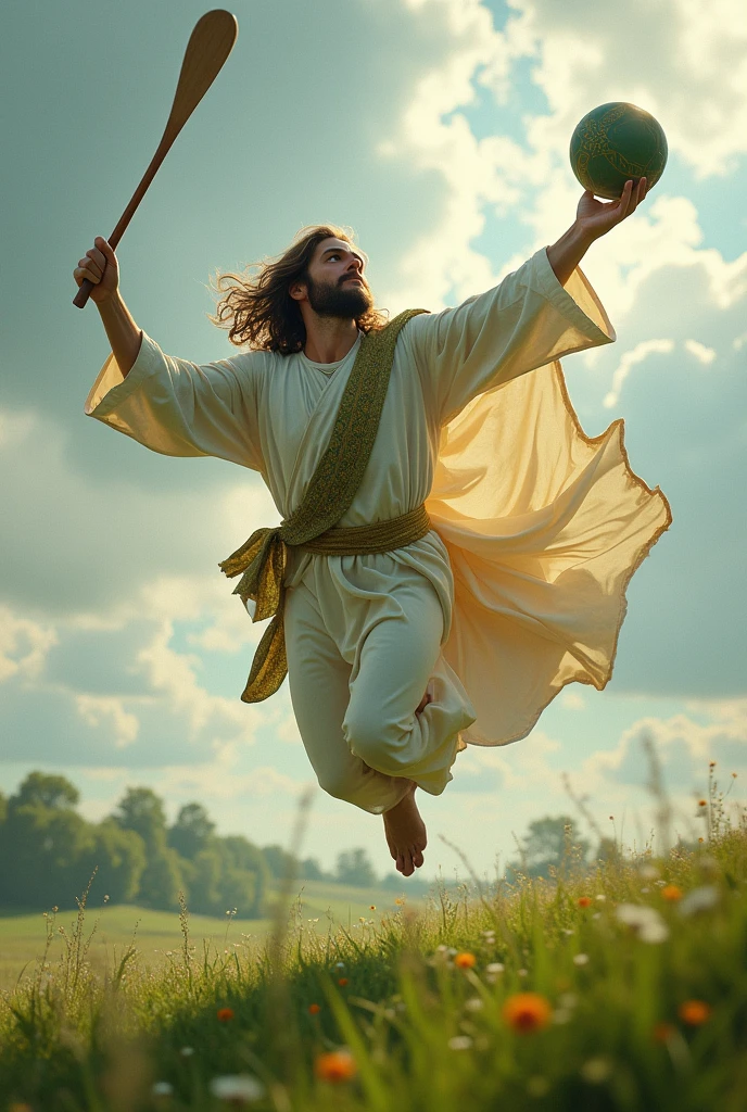 Jesus playing hurling, jumping to catch sliotar, with hurley in hand.
