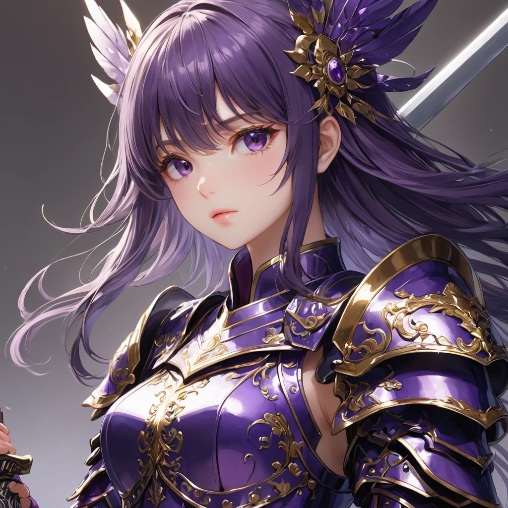 One girl,alone,anime,whole body, From feet to head、Classy girl,Armored,Holding a sword,anger,(embedded:Unaesthetic XLv13.Safety Tensor:1.2),(embedded:Negative XL_is.Safety Tensor:0.8),(masterpiece,Highest quality,Ultra_detailed,High resolution,Absurd:1),(masterpiece, Highest quality, Highest quality, beautifully、aesthetic),Ultra-detailed,Very delicate and beautiful,beautiful detailed face,澄んis顔,Best illustrations,extremely detailed eyes and face,wonderful,detailed and intricate,Best image quality, beautifully繊細な背景,beautiful detailed, Purple Armor