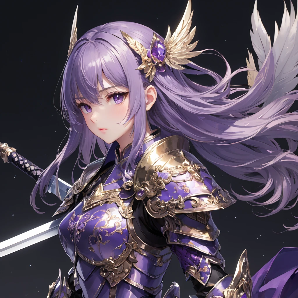 One girl,alone,anime,whole body, From feet to head、Classy girl,Armored,Holding a sword,anger,(embedded:Unaesthetic XLv13.Safety Tensor:1.2),(embedded:Negative XL_is.Safety Tensor:0.8),(masterpiece,Highest quality,Ultra_detailed,High resolution,Absurd:1),(masterpiece, Highest quality, Highest quality, beautifully、aesthetic),Ultra-detailed,Very delicate and beautiful,beautiful detailed face,澄んis顔,Best illustrations,extremely detailed eyes and face,wonderful,detailed and intricate,Best image quality, beautifully繊細な背景,beautiful detailed, Purple Armor