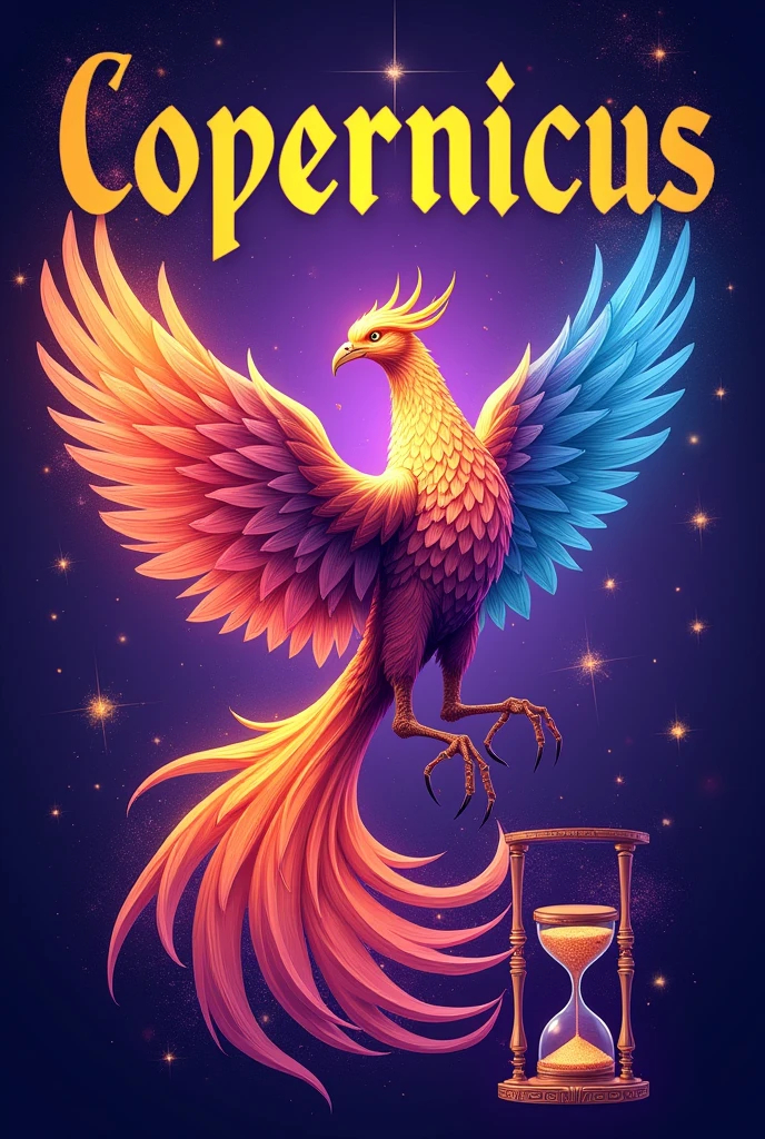 Purple background with a colorful phoenix drawn with an hourglass, written in yellow with a black outline on top "Copernicus" in larger size with stars 