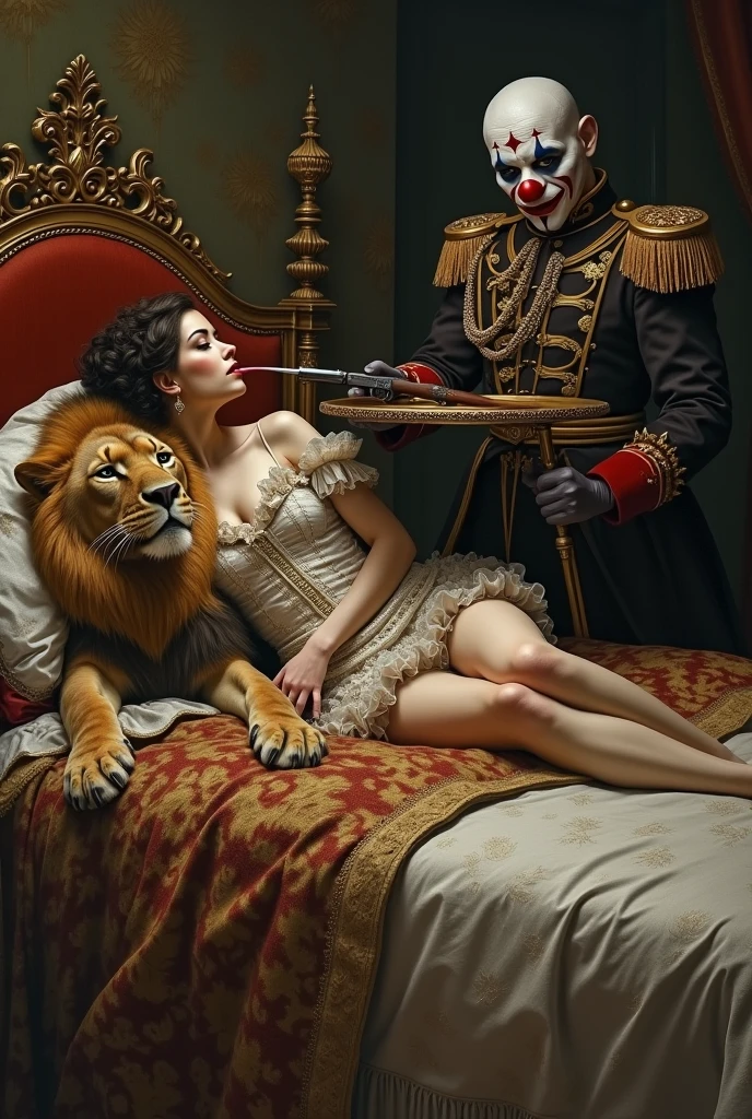Beautiful woman in baroque clothes lying on a bed, A lion passes his tongue over his body, A clown-faced soldier offers him a tray with a weapon on it