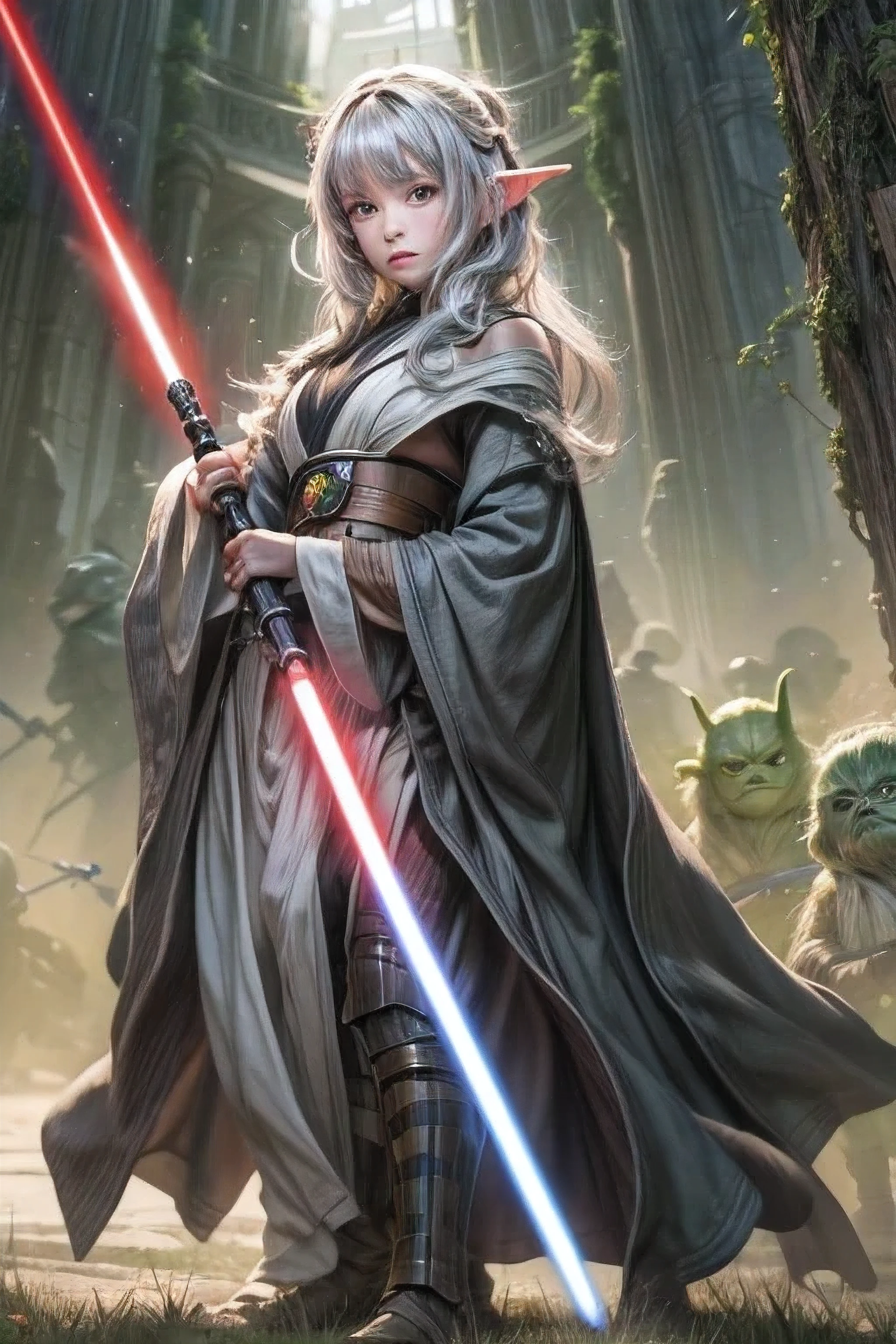 Star Wars、8k.Half Russian and half Japanese、Russian face、beautiful girl、princess、、Small face、Young face、Big eyes、Skinny、Small breasts、（（（Silver Hair、Silver Hair）））、With bangs、（（（High resolutionの大きな美しいライトブルーの目, ）））、Shortcuts、Bobcut、、sf,Fantasy、Fight, Jedi vs Sith, Lightsabers, Battle at Tatouine, High resolution, Yoda, detailed, R2d2,Death Star、ダースベイダーとのFight
