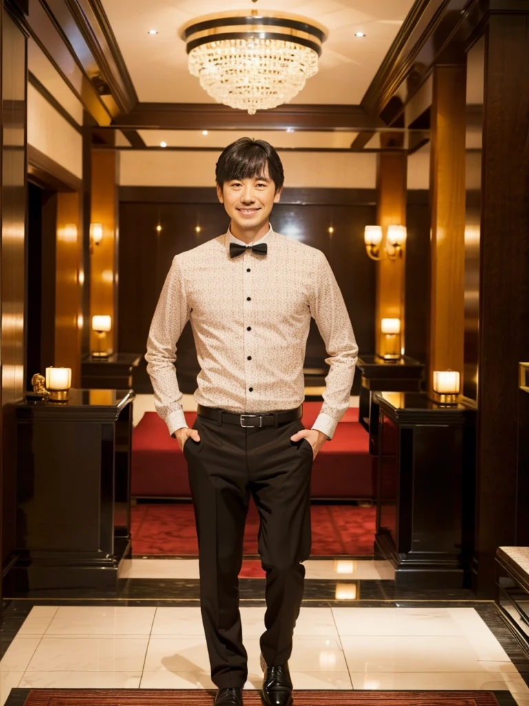A photo of a man and AshidaMana。Luxury hotel lobby