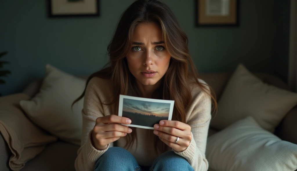 Realistic Portrait Create a realistic image of a beautiful woman in her early thirties, long wavy brown hair, with intense green eyes. His expression reflects a mixture of sadness and determination.. She is sitting on a sofa in a living room dimly lit by the light of a lamp., with tears running down her cheeks as she holds a photo in her hand. His clothes are casual, with a pastel colored sweater and jeans. The camera is focused on his face, covering most of the portrait, to capture their deep emotions and the beauty of their features. The scene conveys a moment of introspection and pain, Set in a house that reflects a cozy and homely style, with subtle details like pillows and a blanket on the sofa.

."