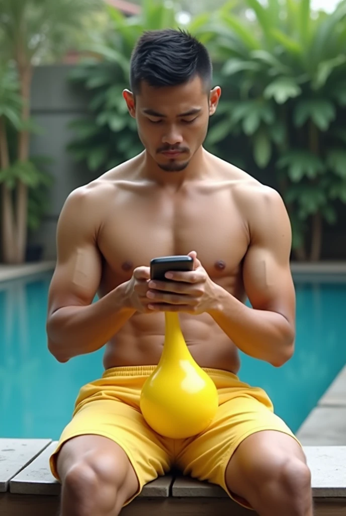 A handsome young Indonesian man wearing glasses, neat short hair, a muscular, sturdy body, not wearing a shirt, wearing yellow shorts, a picture of a large, protruding Spongebob penis sitting relaxed on a bench, with his back to the swimming pool, playing with his cellphone, facing the camera.