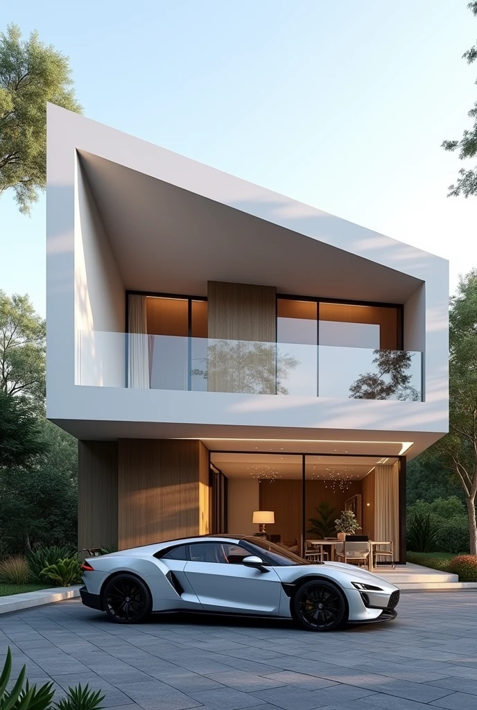‏ minimal villa , exterior view , a car is parked in front of a parametric villa, realestic architecture , concept house  , 22 meters high , front view , high quality rendering , luxury architecture , relistic physical rendering , parametric house , installation architecture , 