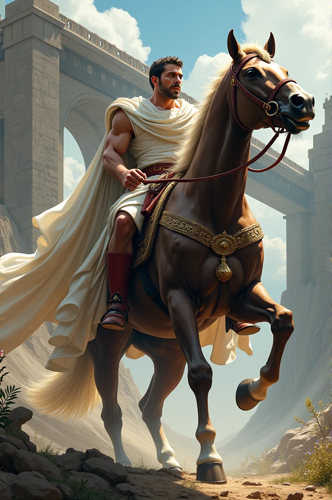 King Caesar riding a horse with his shirt on and a bridge falling down in the background