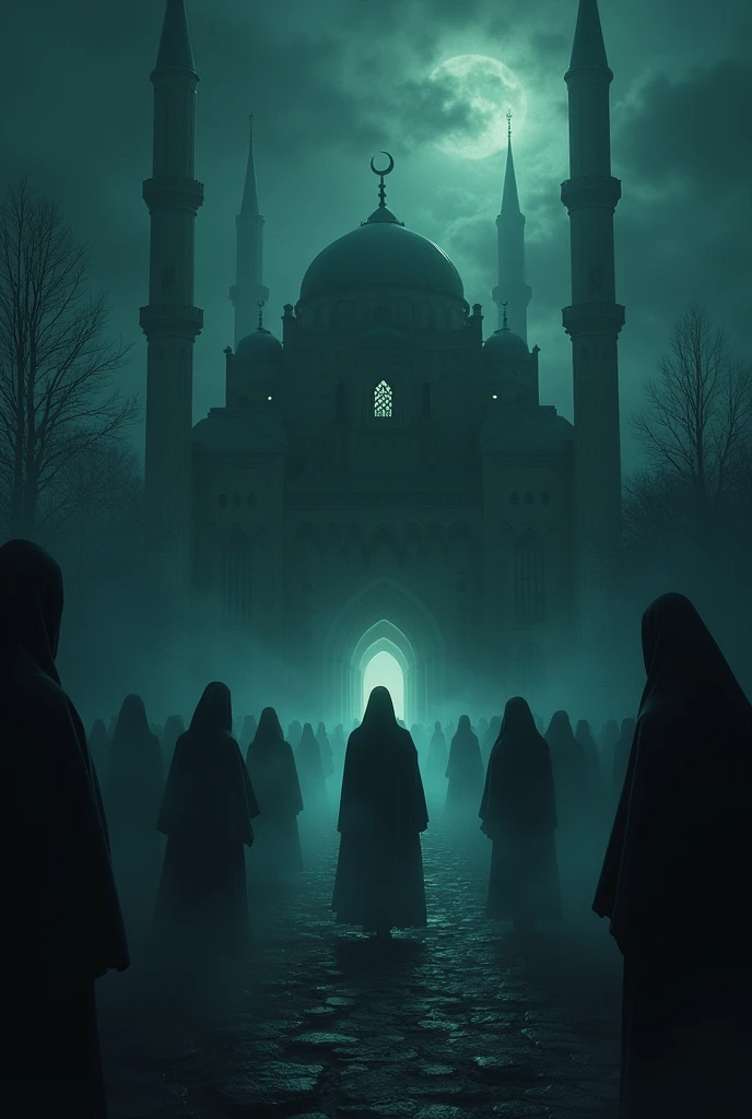 Dark, eerie figures with glowing eyes surrounding the mosque, with whispers and ghostly apparitions in the night air.