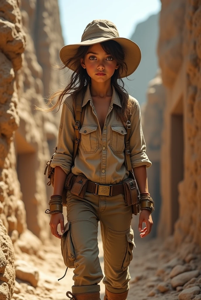 Adventurous archaeologist girl realistic photography. traveler. Spontaneous. Limits. danger. 