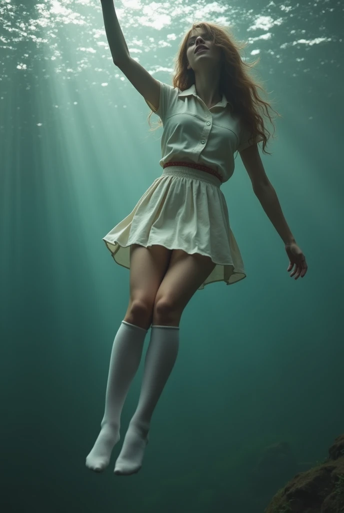 Scene of female student wearing white thigh high socks hanging herself to death ,hovering in the air