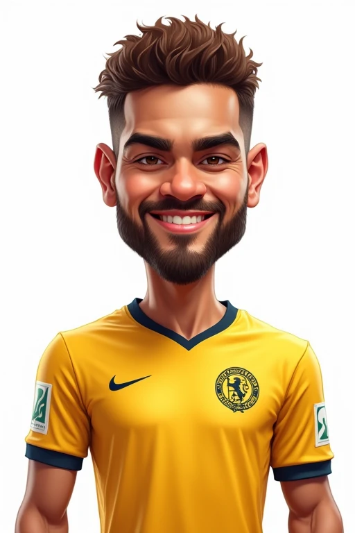 A caricature of a person, the person is a 2 man named Mohammed Al-Dossari, wearing a club jersey called Al-Jubail Club, the Al-Jubail Club jersey is a gradient of yellow mixed with dark white and does not cover the Club Logo, and next to him is Al - Jubail Club, his hair is cut in a Textured Crop with light brown hair, his face looks like a Saudi Arabian man, his skin is brown and most of his body and torso are not too tall, and in the picture there is only one person in the middle of the picture, the background is plain white,