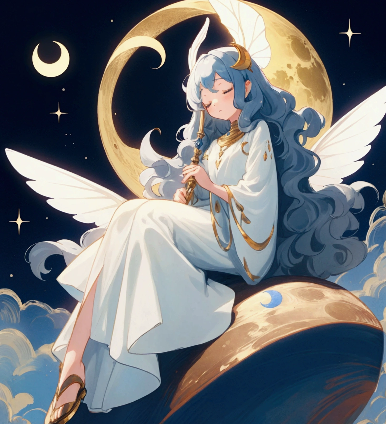 Girl with wavy hair with closed eyes. She is on the moon, sitting on the moon which forms a crescent moon. She has her eyes closed. Her dress is very long and light blue., very light almost. with beuatiful fairy wings