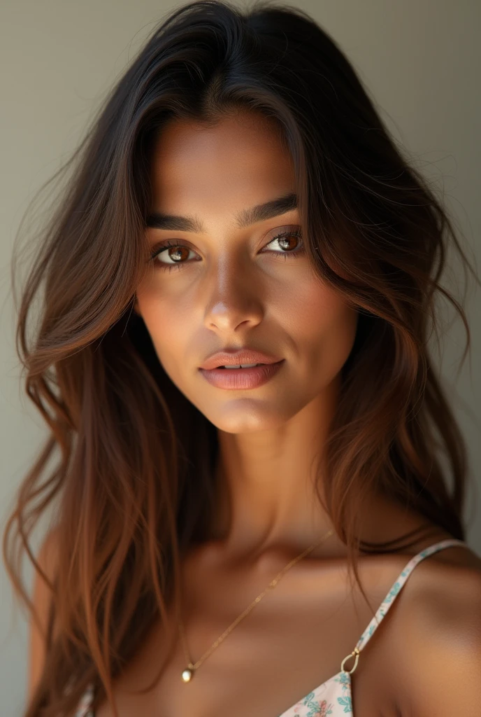 Imagine a model with medium Indian skin that glows with a natural radiance. Her hair is a rich brown, cascading in layers down to her waist or styled in a trendy wolf cut. The layered look offers volume and movement, while the wolf cut adds an edgy, modern touch. Her high cheekbones and well-defined eyebrows frame her eyes, which are highlighted with subtle, light toned makeup. Her full lips are complemented by a natural, confident smile. The combination of her glowing complexion, stylish hair, and engaging expression creates an attractive and captivating presence, perfect for an Instagram influencer.and age 21 and light toned skin