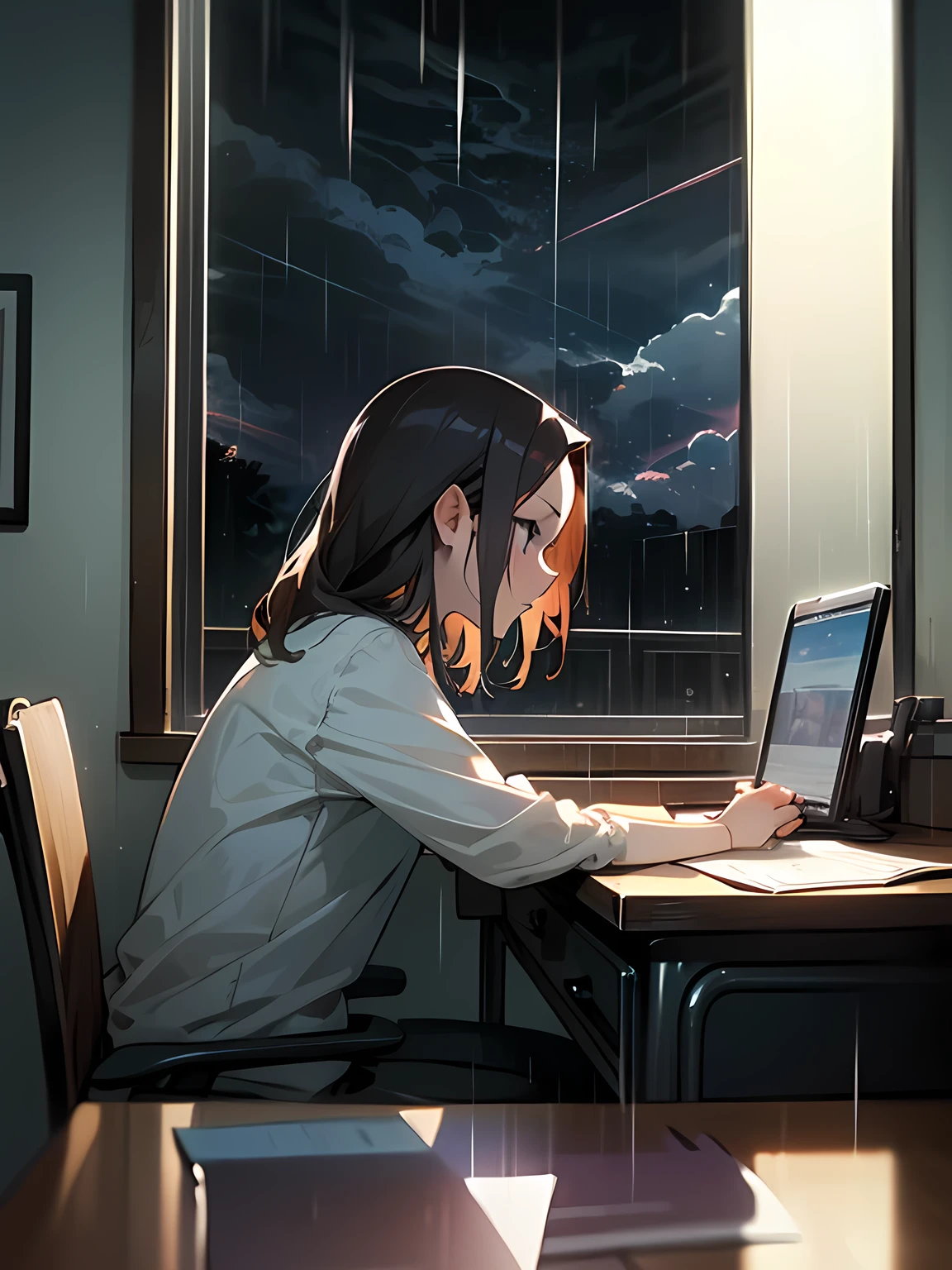 (front view),solo,upperbody,((Looking out the side window:1.2)),girl、big forehead、study desk、Chair、Barely、Anxious face、studying、(Dark Sky)、(heavy rain:1.2)、(heavy typhoon:1.2)、night、Cute my room、