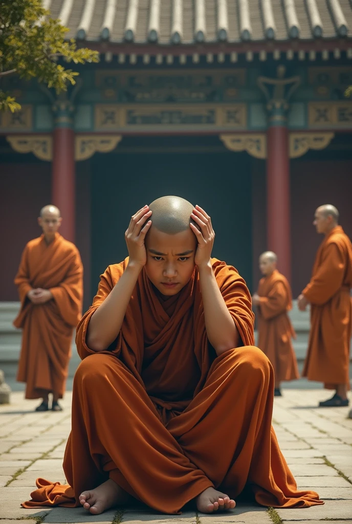 The disciple struggling with silence, feeling anxious and stressed as days go by, while other monks go about their daily routines.
Prompt: A young monk sitting alone, looking frustrated and anxious, his hands on his head. Around him, other monks peacefully engage in their daily tasks, ignoring his struggle.