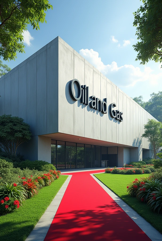 Create a building with 7,009 square wide and in Singaporean design and a concrete on the building written OIL AND GAS on it's own compound with Grass and flowers with red carpet on entrance 