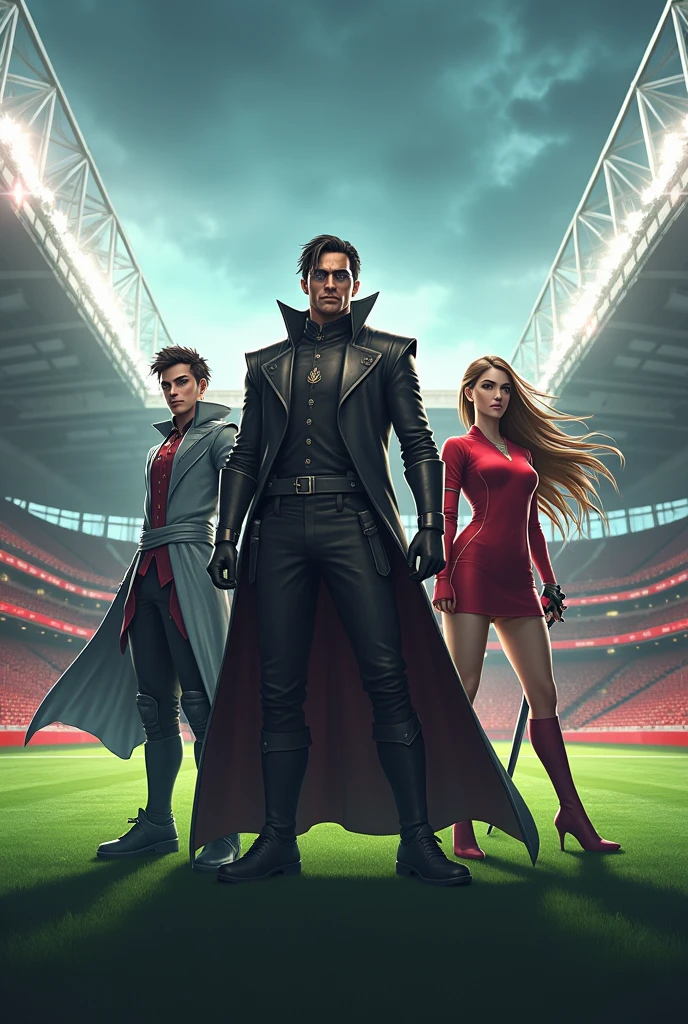 Create an image featuring characters from Mobile Legends: Bang Bang (MLBB) - Cecilion, Hanabi, and Vale. Set them against a Liverpool FC-themed background, incorporating elements like Anfield Stadium or Liverpool's iconic colors. The color scheme should include green, white, and red shadows to complement the Liverpool theme and the characters' outfits.