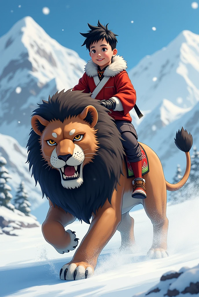 Boy\(best hair cut black hair, Ainu folk costume, smiling\) sitting on a big brown LION running at great speed through the wilderness\(snowy mountains\) of Hokkaido,dynamic camera angle, powerful composition, concentrated lines, scattered snow,great land scape